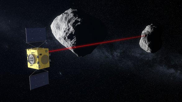 Na ilustraci vidíme misi Hera jak studuje přístrojem LIDAR měsíc Dimorphos. Vlevo je větší planetka Didymos, kolem níž Dimorphos obíhá. Kráter na Dimorphu vytvořila mise DART. Autor: ESA