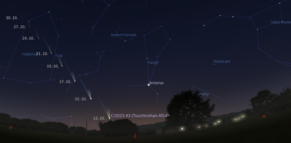 Mapka poloh komety C/2023 A3 (Tsuchinshan-ATLAS) na večerní obloze v průběhu října 2024. Autor: Stellarium/Martin Gembec