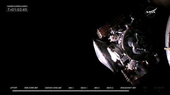 Oddělení sondy Europa Clipper od horního astupně Falconu Heavy 14. 10. 2024 Autor: SpaceX, NASA TV