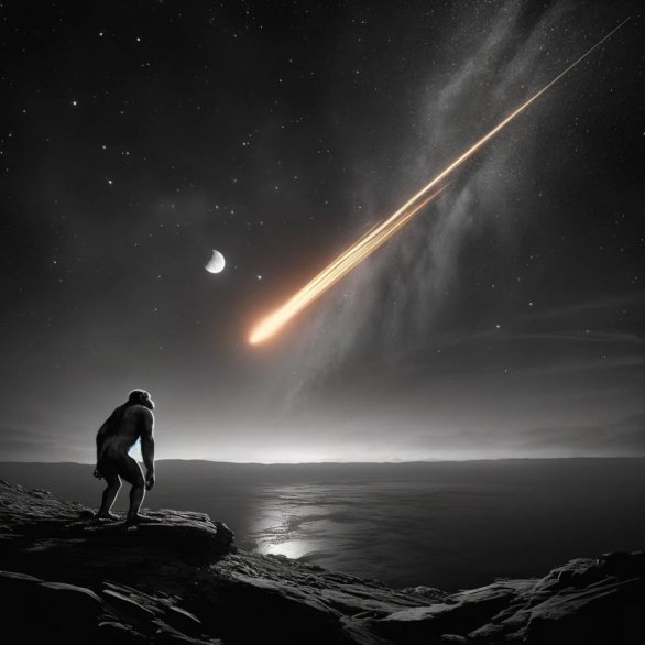 Představa hominida pozorujícího jasný meteor před několika milióny let Autor: AI