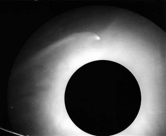 Kometa C/1965 S1 (Ikeya-Seki) vedle Slunce zastíněného tmavým kotoučkem koronografu. Autor: F. Moriyama and T. Hirayama