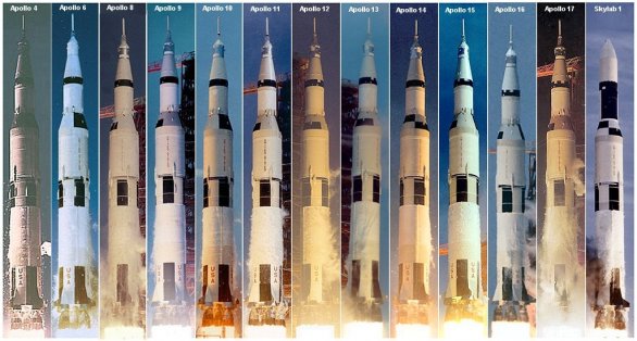 Přehled všech startů rakety Saturn V Autor: NASA/Wikimedia/Reubenbarton