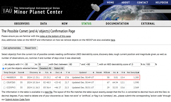 Náhled stránky Possible Comet Confirmation Page s vyznačenými informacemi o novém tělese MAS0019 Autor: MPC/PCPP