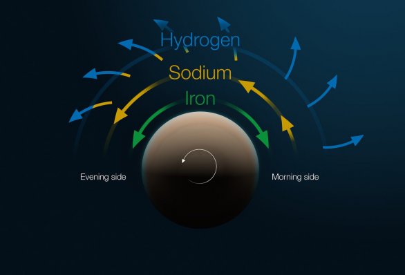 Tento diagram ukazuje strukturu a pohyb atmosféry exoplanety Tylos (WASP-121b). Exoplaneta je na tomto obrázku zobrazena shora při pohledu na jeden z jejích pólů. Planeta rotuje proti směru hodinových ručiček tak, že ke své mateřské hvězdě ukazuje vždy stejnou stranu, takže na jedné polovině planety je vždy den a na druhé noc. Přechod mezi dnem a nocí představuje ranní strana (morning side), zatímco večerní strana (evening side) představuje přechod mezi dnem a nocí; její ranní strana je napravo a večerní strana nalevo.

Když planeta přechází před svou hostitelskou hvězdou, atomy v atmosféře planety pohlcují určité barvy nebo vlnové délky světla hvězdy, které lze měřit pomocí spektrografu. Z těchto údajů - v tomto případě získaných pomocí přístroje ESPRESSO na dalekohledu ESO Very Large Telescope - mohou astronomové rekonstruovat složení a rychlost různých vrstev atmosféry.

Nejhlubší vrstvou je železný (iron) vítr, který vane od místa planety, kde je hvězda přímo nad hlavou. Nad touto vrstvou se nachází velmi rychlý proud sodíku (sodium), který se pohybuje rychleji, než planeta rotuje. Tento proud se skutečně zrychluje, když se pohybuje od ranní strany planety k večerní. Nakonec je zde horní vrstva vodíkového (hydrogen) větru, který vane směrem ven.Tato vrstva vodíku se překrývá s proudem sodíku pod ní. Autor: ESO/M. Kornmesser