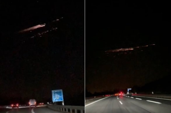 Trosky zanikajícího druhého stupně rakety Falcon 9 na dvou záběrech z videa na D8 z 19. 2. 2025 Autor: Vojtěch Křížek