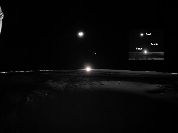 Západ Slunce na Měsíci ze sondy Blue Ghost: Mission 1 se Zemí a Venuší v záběru. Ve vloženém výřezu popis těles od Pavla Gabzdyla Autor: Firefly Aerospace