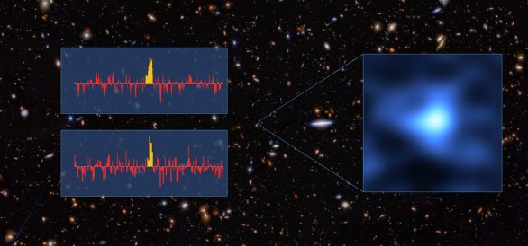 Vložený obrázek na tomto snímku ukazuje JADES-GS-z14-0 - nejvzdálenější známou galaxii k dnešnímu dni - jak ji vidíme pomocí soustavy ALMA (Atacama Large Millimeter/submillimeter Array). Dvě spektra, která jsou zde zobrazena, jsou výsledkem nezávislé analýzy dat ALMA dvěmi skupinami astronomů. Obě nalezly emisní čáru kyslíku, což z ní činí nejvzdálenější detekci kyslíku v době, kdy byl vesmír starý pouhých 300 milionů let. Autor: ALMA (ESO/NAOJ/NRAO)/S. Carniani et al./S. Schouws et al/JWST: NASA, ESA, CSA, STScI, Brant Robertso