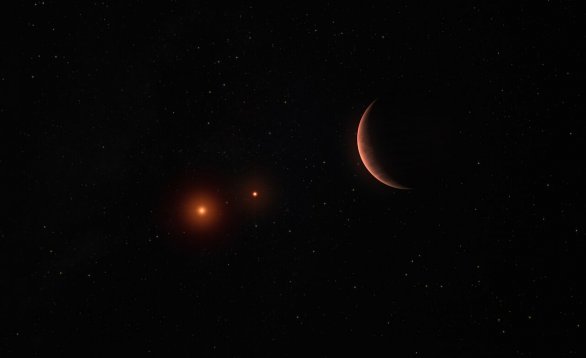 Obrázek ukazuje umělecký návrh exoplanety obíhající kolem dvou hnědých trpaslíků - objektů větších než plynné planety, ale příliš malých na to, aby se jednalo o skutečné hvězdy. Autor: ESO/M. Kornmesser