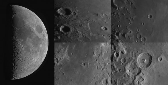 Detaily ze snímku Měsíce přes 40cm dalekohled 46Mpix kamerou Moravských přístrojů řady C2. Snímán byl najednou celý povrch Měsíce, nejlepších 50 snímků z 500 bylo vybráno a doostřeno. Autor: Martin Myslivec