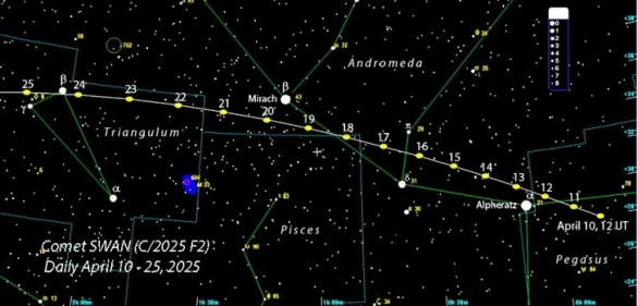 Mapa polohy komety C/2025 F2 SWAN v dubnu mezi hvězdami Autor: Sky&Telescope
