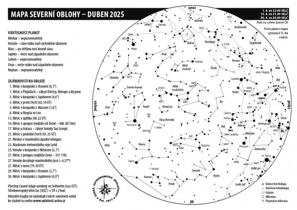 Mapa oblohy s úkazy v dubnu 2025 Autor: Aleš Majer