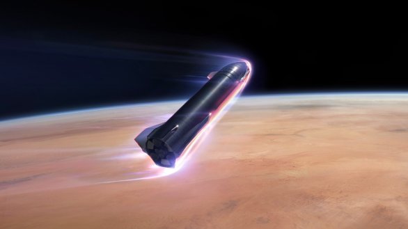 Kosmická loď Starship vstupující do atmosféry Marsu, vizualizace. Autor: SpaceX