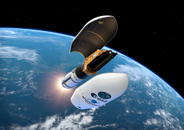 Ilustrace vypuštění družice Biomass z aerodynamického krytu rakety Vega-C Autor: ESA