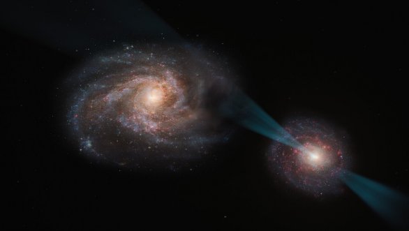 Tento umělecký dojem ukazuje "kosmický souboj" - galaktické splynutí, při němž galaxie vpravo hostí ve svém jádru kvasar. Tento kvazar je poháněn supermasivní černou dírou, která pohlcuje okolní materiál a vyzařuje silný kužel záření, který proniká druhou galaxií jako kopí.

Při interakci s galaxií vlevo toto záření rozrušuje oblaka plynu a prachu uvnitř a zanechává za sebou jen nejmenší a nejhustší oblasti. Tyto oblasti se po tomto procesu pravděpodobně stanou neschopnými tvorby hvězd. Autor: ESO/M. Kornmesser