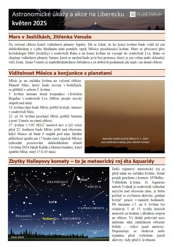 Astronomické úkazy v květnu 2025 v přehledu iQPlanetária Autor: Martin Gembec Astronomické úkazy v květnu 2025 v přehledu iQPlanetária Autor: Martin Gembec