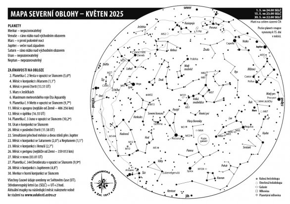 Mapa oblohy s úkazy v květnu 2025 Autor: Aleš Majer Mapa oblohy s úkazy v květnu 2025 Autor: Aleš Majer