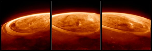 Polární záři na Jupiteru zde vidíme jako jasné oblouky a skvrny. Povrch oblak je tmavý. Vidíme změny v řádu minut. Autor: ESA/Webb, NASA, CSA, J. Nichols (University of Leicester), M. Zamani (ESA/Webb)