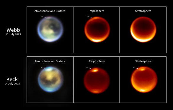 Tyto snímky Titanu pořídil 11. července 2023 vesmírný dalekohled Jamese Webba (horní řada) a 14. července 2023 pozemní observatoř W. M. Kecka (spodní řada). Zobrazují metanová oblaka (označená bílými šipkami), která se objevují v různých výškách na severní polokouli Titanu. Autor: NASA, ESA, CSA, STScI, Keck Observatory