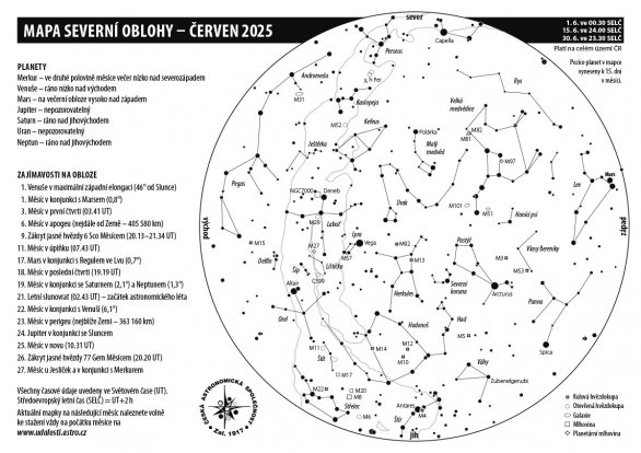 Mapa oblohy s úkazy v červnu 2025 Autor: Aleš Majer