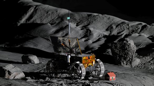 Moonhouse, maketa švédského domku, na maketě povrchu Měsíce při testování roveru Tenacious Autor: ispace