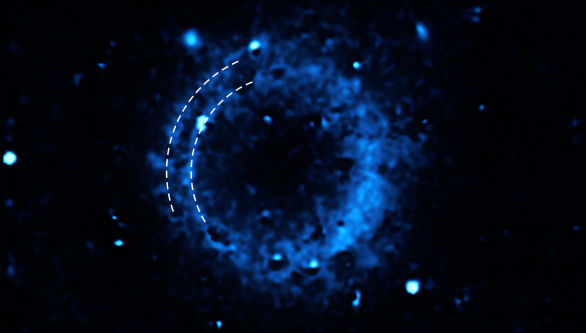 Snímek ukazuje rozložení vápníku v pozůstatku supernovy SNR 0509-67.5. Data byla pořízena přístrojem MUSE (Multi-Unit Spectroscopic Explorer) na dalekohledu ESO VLT (Very Large Telescope). Překryté křivky znázorňují dvě soustředné slupky vápníku, které byly vyvrženy při dvou oddělených detonacích, když hvězda před několika sty lety zanikla. Autor: ESO/P. Das et al.