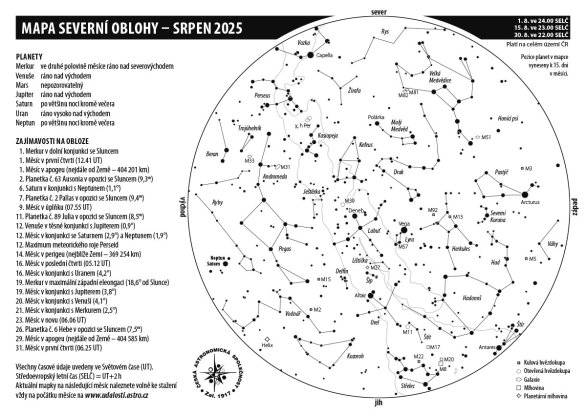 Mapa oblohy s úkazy v srpnu 2025 Autor: Aleš Majer