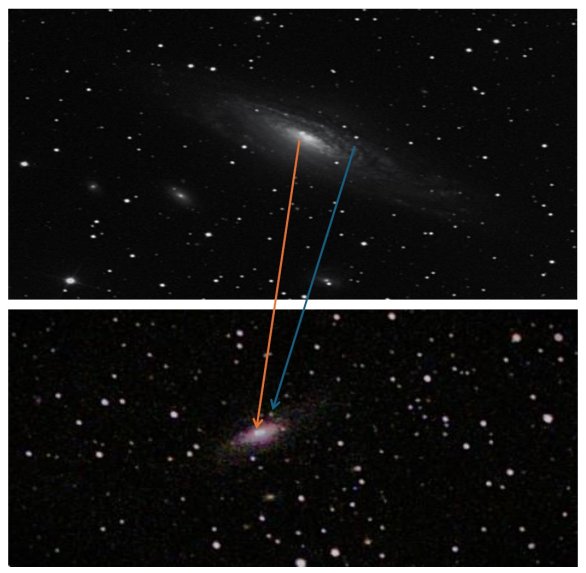 Porovnání snímku galaxie NGC 7331 se supernovou SN2025rbs pořízeného pomocí 0,51cm reflektoru v Utahu a snímku z malého dalekohledu Seestar S30. Modře poloha srovnávací hvězdy a oranžově supernova. Autor: Zbyněk Šmíd