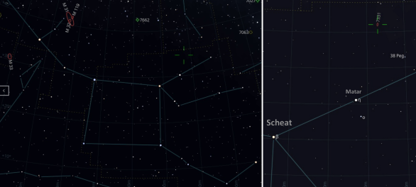 Poloha galxie NGC 7331 v souhvězdí Pegasa (na mapě vlevo zeleným křížem, vpravo detail. Autor: Czsky.cz/V. Dvořák