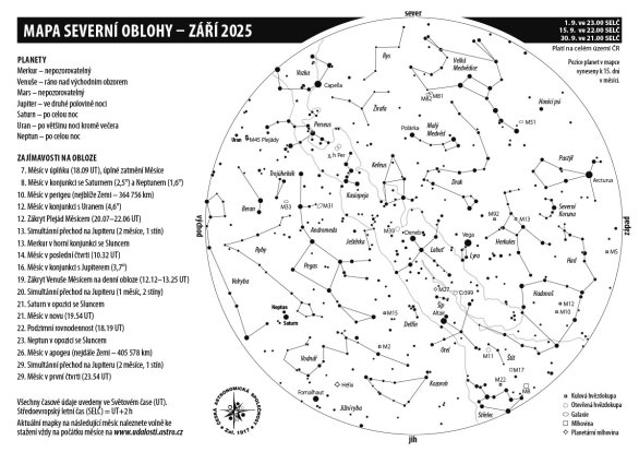 Mapa oblohy s úkazy v září 2025 Autor: Aleš Majer