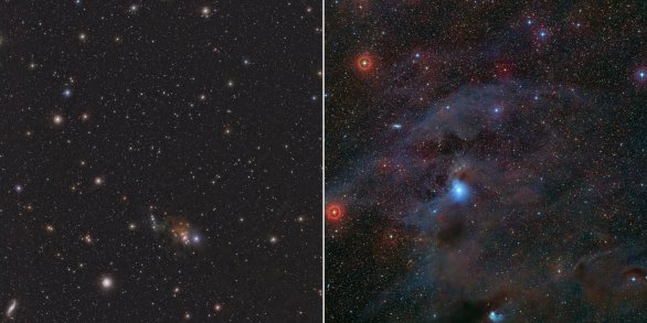 Vlevo: Infračervený snímek pořízený pomocí dalekohledu VISTA ESO ukazuje polohu bludené planeta Cha 1107-7626 na obloze. Planeta se jako tečka nachází přesně ve středu snímku. Vpravo: Snímek ve viditelném světle, který je součástí projektu Digitized Sky Survey 2. Planeta (zde není vidět) se též nachází uprostřed snímku. Autor: ESO/Meingast et al., ESO/ Digitized Sky Survey 2