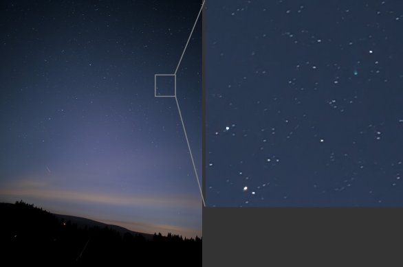 Kometa C/2025 A6 (Lemmon) 4. 10. 2025 ráno mobilem Google Pixel 8 Pro v astrofoto režimu. Expozice 4 minuty, subexpozice asi 20 sekund. Opřeno o auto. Ve výřezu je vidět, že v automatickém režimu není zaostření ideální, ale kometa se projevila jako výrazná zelená skvrnka a je snad vidět i ohon. Autor: Martin Gembec