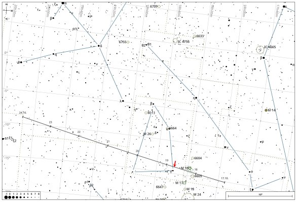 Mapa polohy komety C/2025 R2 (SWAN) v sobotu 18. 10. večer (červená šipka) a v dalších dnech (čárky k půlnoci SELČ). Autor: Czsky.cz
