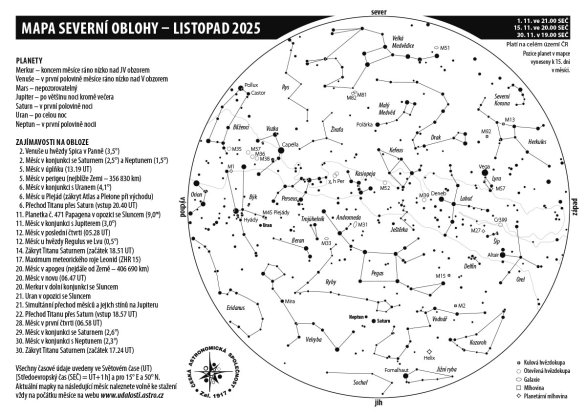 Mapa oblohy s úkazy v listopadu 2025 Autor: Aleš Majer Mapa oblohy s úkazy v listopadu 2025 Autor: Aleš Majer