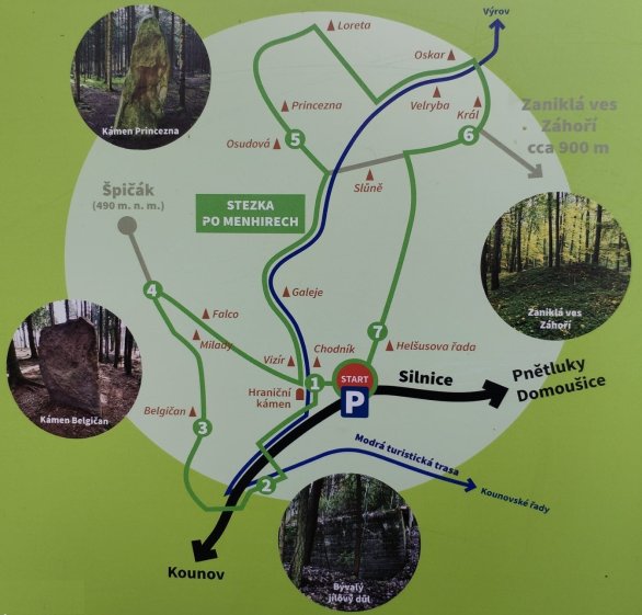 Mapa Stezky po menhirech. Nejedná se o známé kounovské kamenné řady, ty se nacházejí v jiné lokalitě obce. Autor: Soukromý archiv Radima Neuvirta, autora článku