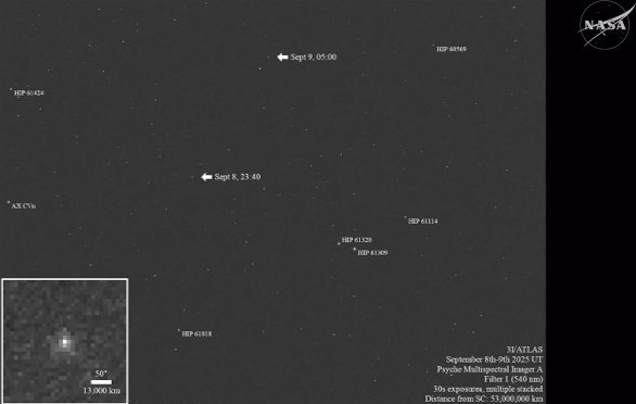 3/ATLAS v září 2025 ze sondy NASA Psyche. I když na snímku vidíme jen mírně rozmazanou tečku, pro vědce bylo důležité, že kometu viděli z jiného úhlu než od Země a ze sondy Lucy. Autor: NASA 3/ATLAS v září 2025 ze sondy NASA Psyche. I když na snímku vidíme jen mírně rozmazanou tečku, pro vědce bylo důležité, že kometu viděli z jiného úhlu než od Země a ze sondy Lucy. Autor: NASA