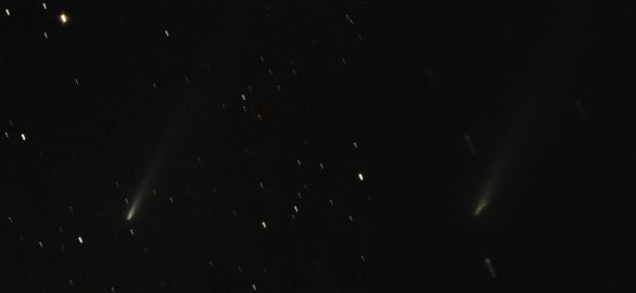 Rozpadlá kometa C/2025 K1 (ATLAS) 19. 11. 2025 přes 20cm dalekohled. Zdá se, že po rozpadu zbyla nejméně tři větší jadérka, která se možná budou dále rozpadat. 12 expozic po 15 sekundách je složeno a jádro komety bylo vpravo zobrazeno v původním rozlišení kamery v ohnisku 1175 mm. Vlevo je tedy zmenšený snímek z téměř celého pole kamery. Hvězdy se jeví jako čárky, protože snímky byly zarovnány na pohybující se kometu. Autor: Martin Gembec Rozpadlá kometa C/2025 K1 (ATLAS) 19. 11. 2025 přes 20cm dalekohled. Zdá se, že po rozpadu zbyla nejméně tři větší jadérka, která se možná budou dále rozpadat. 12 expozic po 15 sekundách je složeno a jádro komety bylo vpravo zobrazeno v původním rozlišení kamery v ohnisku 1175 mm. Vlevo je tedy zmenšený snímek z téměř celého pole kamery. Hvězdy se jeví jako čárky, protože snímky byly zarovnány na pohybující se kometu. Autor: Martin Gembec