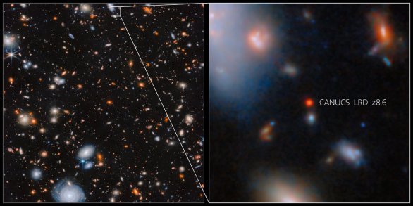 Na obrázku je zvětšený výřez pozice velmi vzdálené galaxie CANUCS-LRD-z8.6. Jde o malou, výrazně červenou galaxii ze skupiny tzv. "malých červených teček" (LRD, Little Red Dots), které můžeme pozorovat na mnoha snímcích vzdáleného kosmu pomocí infračervených kamer JWST. Nachází se v souhvězdí Lva a měla by představovat galaxii starou jen 570 milionů let po velkém třesku. Autor: ESA/Webb, NASA & CSA, G. Rihtaršič (University of Ljubljana, FMF), R. Tripodi (University of Ljublja