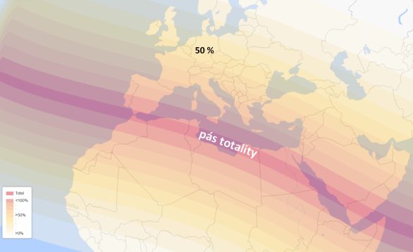 Pás totality na Zemi 2. 8. 2027
Autor: Timeanddate.com / M. Gembec Pás totality na Zemi 2. 8. 2027
Autor: Timeanddate.com / M. Gembec