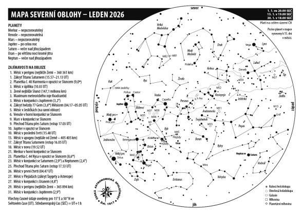 Mapa oblohy s úkazy v lednu 2026 Autor: Aleš Majer Mapa oblohy s úkazy v lednu 2026 Autor: Aleš Majer