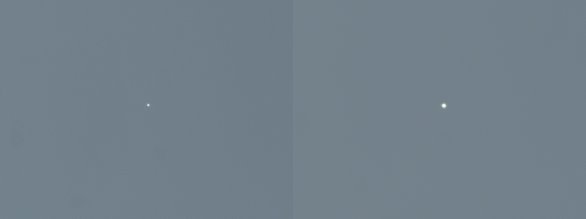 Merkur a Venuše 26. dubna 2021. V době fotografování se od sebe obě planety nacházely úhlově 8° od Slunce a zároveň 1,3 stupně od sebe. Aby byly vidět oba kotoučky v době, kdy se nacházely poblíž horní konjunkce, a tedy daleko od nás, udělal jsem výřez ve stejném zvětšení, aby byl patrný rozdíl ve velikosti kotoučku Venuše a Merkuru. Autor: Martin Gembec