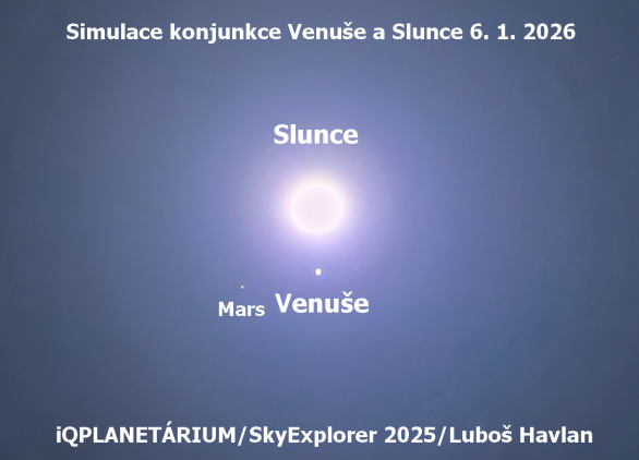 Simulace konjunkce Venuše se Sluncem 6. ledna 2025. Jas oblohy (rozptyl světla v atmosféře) byl v planetáriu uměle ztlumen, aby vynikly slabé planety vedle jasného kotouče Slunce. Autor: iQLANDIA/Luboš Havlan
