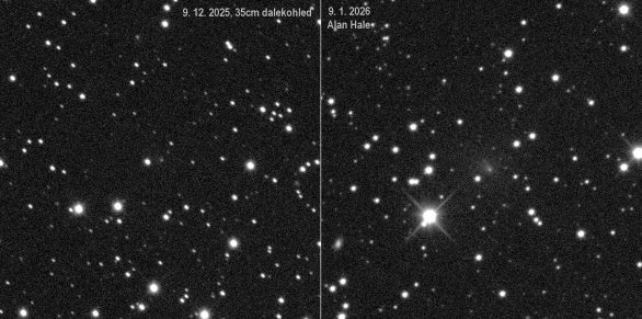 Dva snímky komety C/2025 R3 (PanSTARRS) 9. 12. a 9. 1. s měsíčním odstupem ukazují výrazné zjasnění komety. Autor: Alan Hale
