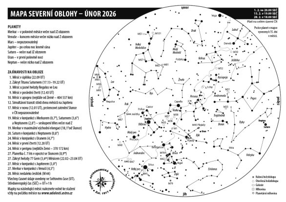 Mapa oblohy s úkazy v únoru 2026 Autor: Aleš Majer