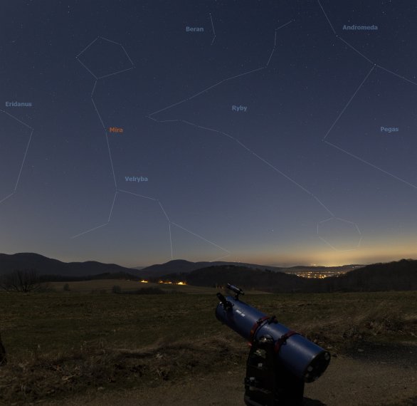 Podzimní souhvězdí s hvězdou Mira ve Velrybě 25. 2. 2026 Autor: Martin Gembec Podzimní souhvězdí s hvězdou Mira ve Velrybě 25. 2. 2026 Autor: Martin Gembec