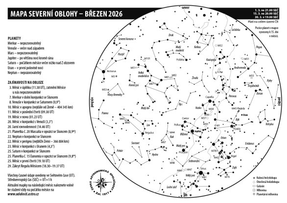 Mapa oblohy s úkazy v březnu 2026 Autor: Aleš Majer Mapa oblohy s úkazy v březnu 2026 Autor: Aleš Majer