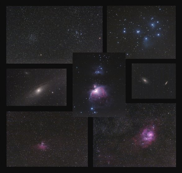 Objekty vyfotografované při Messiérovském maratonu 2017. Zleva: M46 a M47, M45, M31+32+110, M42+43, M81+82, M16, M8. Dalekohled Celestron ED80/600 s reduktorem Vixen 0,67x (ohnisko 400 mm), montáž Cel. CG5 GoTo Adv pomáhala objekty nalézt, Canon 30Dmod, expoziční časy 60 sekund, ISO800. Autor: Martin Gembec