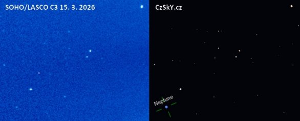 Neptun na snímku SOHO a simulace na mapě webu czsky.cz Autor: NASA/ESA a Vladimír Dvořák