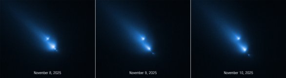 Snímky rozpadu komety C/2025 K1 (ATLAS) z HST. Na každém snímku pořízeném ve třech dnech vidíme názorně změny a další rozpady jádra této komety. Autor: NASA, ESA, D. Bodewits (Auburn). Image processing: J. DePasquale (STScI) Snímky rozpadu komety C/2025 K1 (ATLAS) z HST. Na každém snímku pořízeném ve třech dnech vidíme názorně změny a další rozpady jádra této komety. Autor: NASA, ESA, D. Bodewits (Auburn). Image processing: J. DePasquale (STScI)