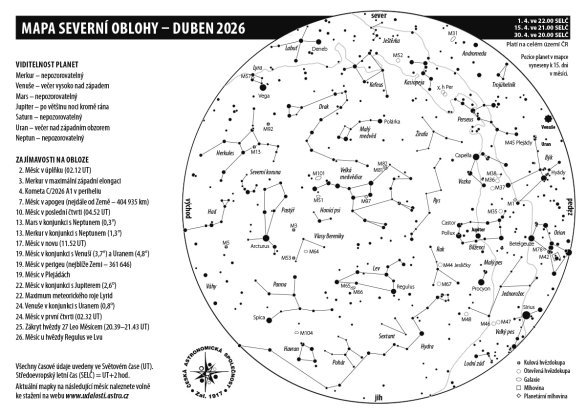 Mapa oblohy s úkazy v dubnu 2026 Autor: Aleš Majer