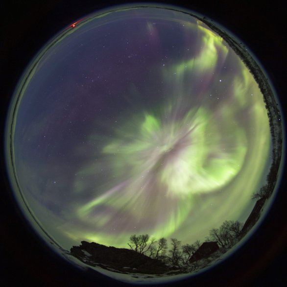 Celooblohový snímek mimořádně jasné a dynamické polární záře v polovině března u zamrzlého jezera Torneträsk v severním Švédsku. Autor: Daniel Kurtin